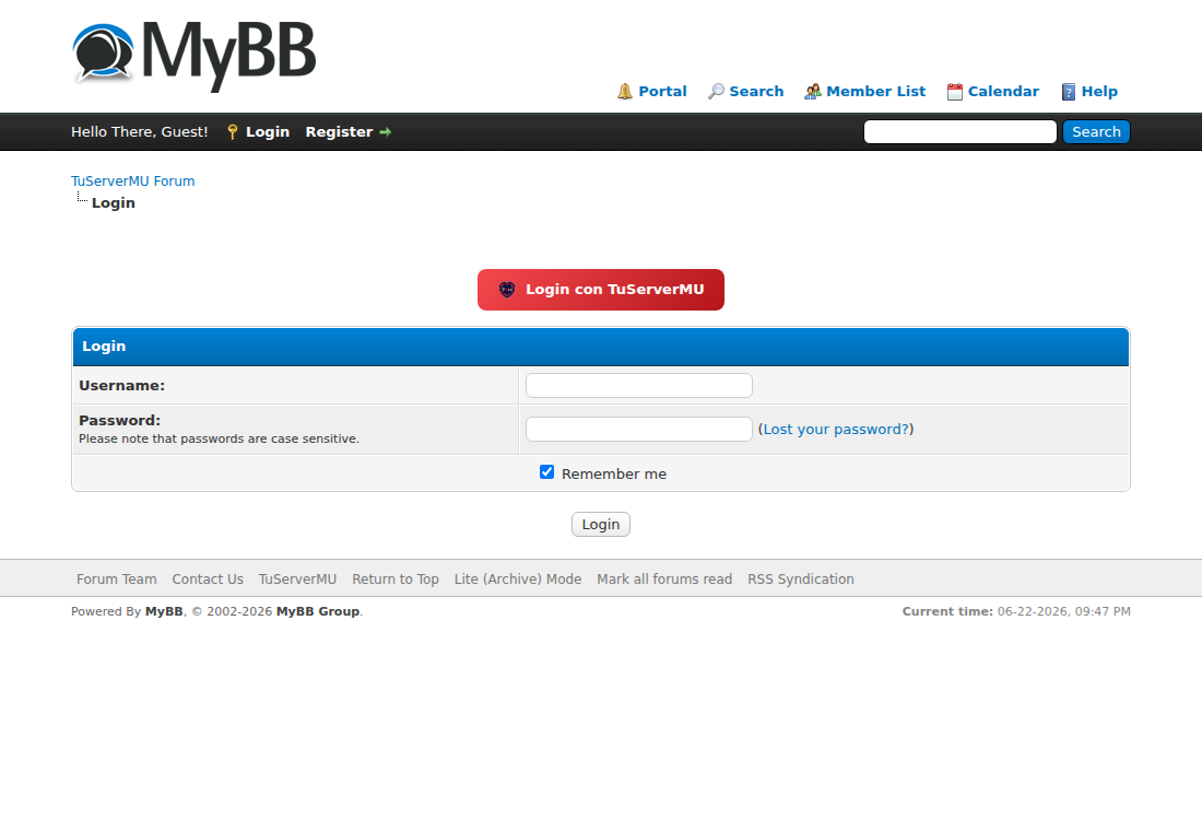 Login con TuServerMU on a MyBB login page