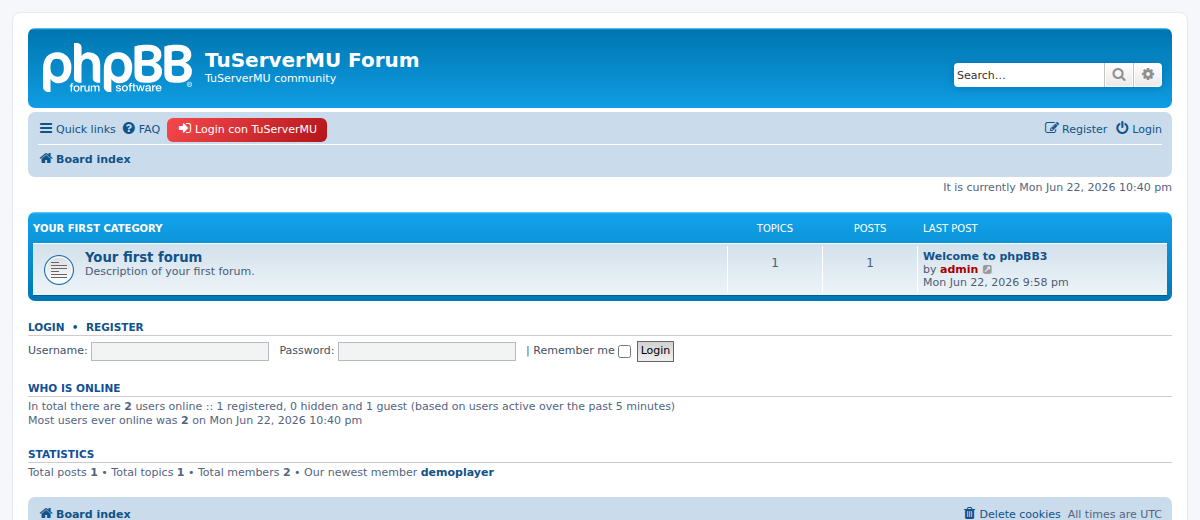 Login con TuServerMU on a phpBB board navbar