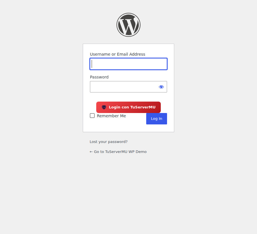 Login con TuServerMU on a WordPress login page